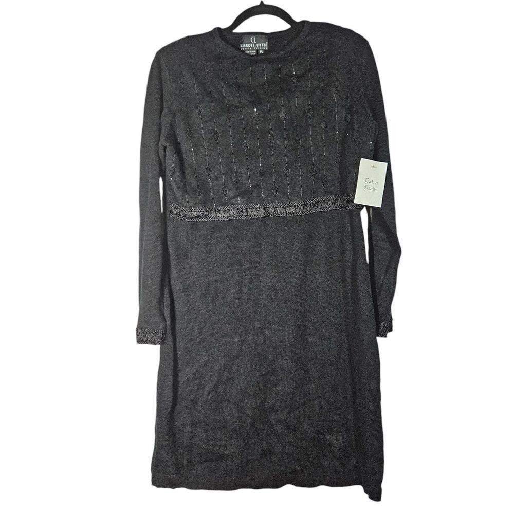 VTG Carole Little Sweater Sheath Dress sz PL Black Wool Beaded Long Sleeve NWOT
